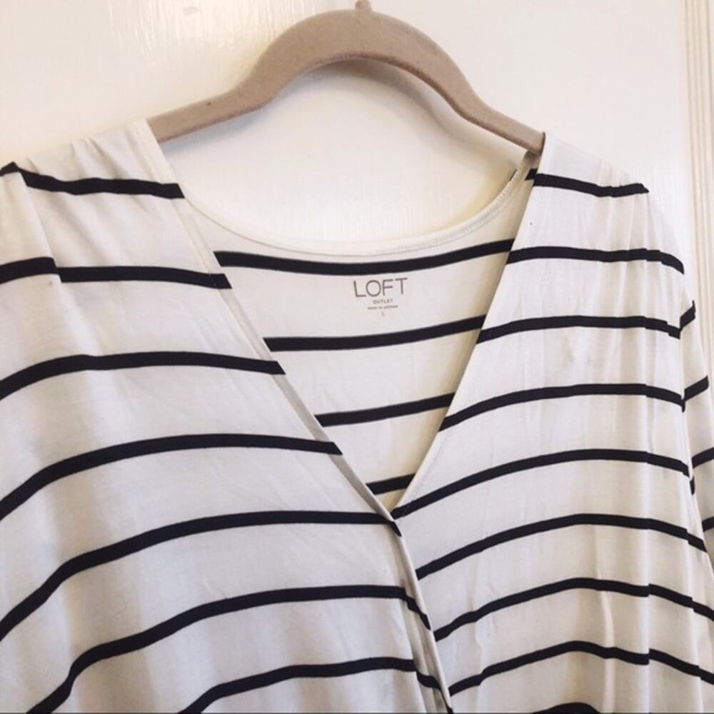 LOFT White & Black Striped Wrap Top with Banded Hem - Picture 2 of 11